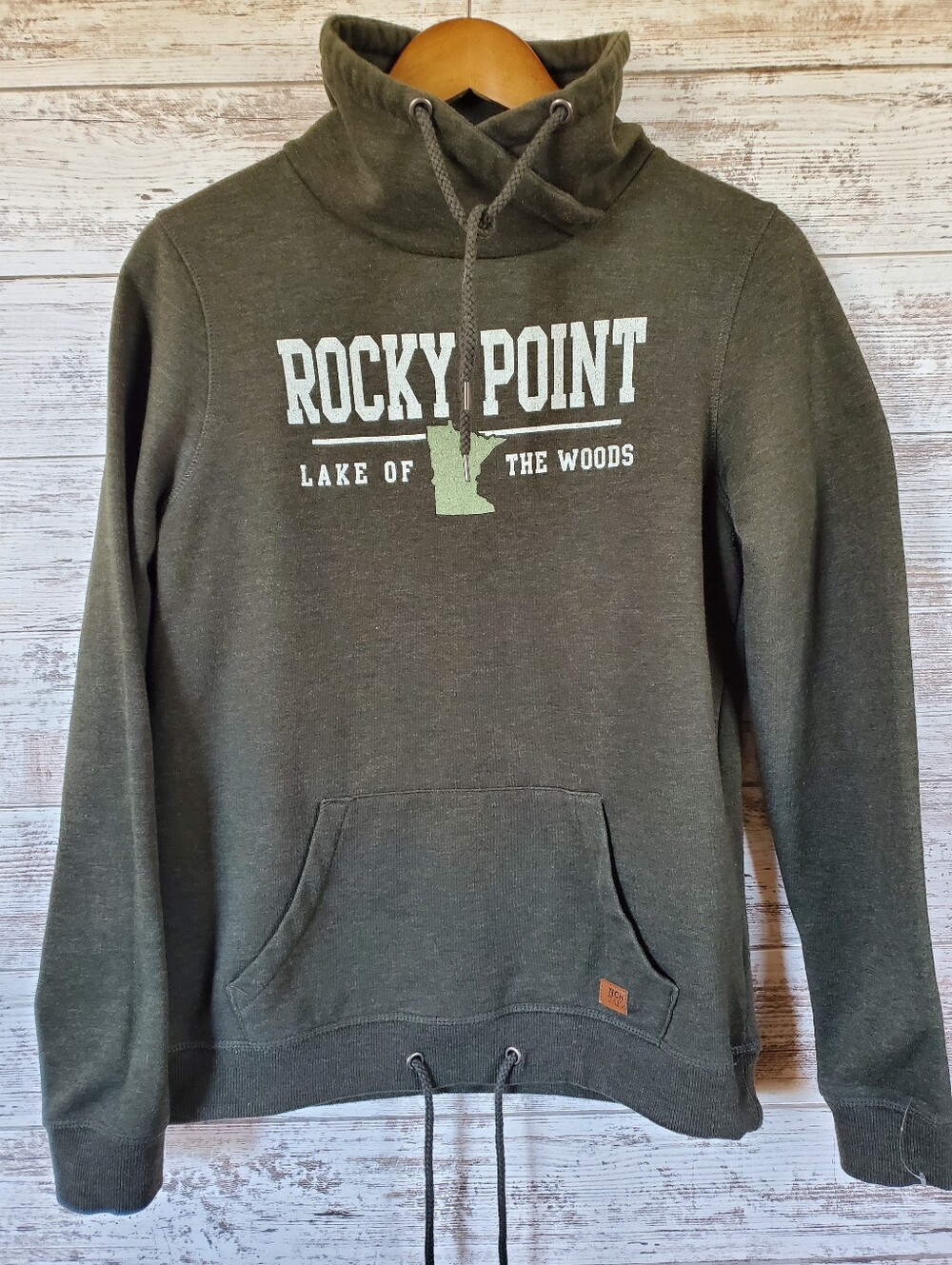 Lake of the Woods Rocky Point MN Cowl Neck Hoodie Olive Green Sweatshirt